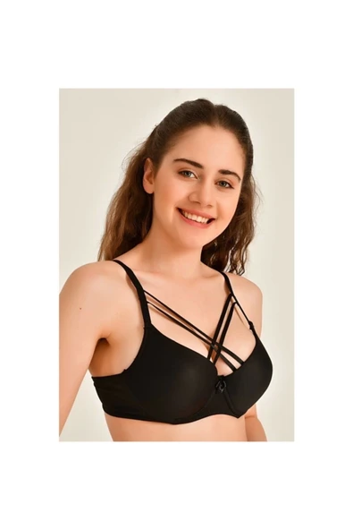 Liza Kadın Çapraz Ipli Balenli Siyah Dolgulu / Destekli Sütyen - Resim 3