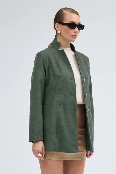 Tasarım Yaka Kısa Boy Kaşe Haki Kaban - Resim 3