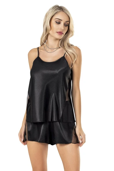 MOONGIRL PREMİUM SATEN ŞORTLU TAKIM YANLARI TÜL TRANSPARAN TAKIM - Resim 2