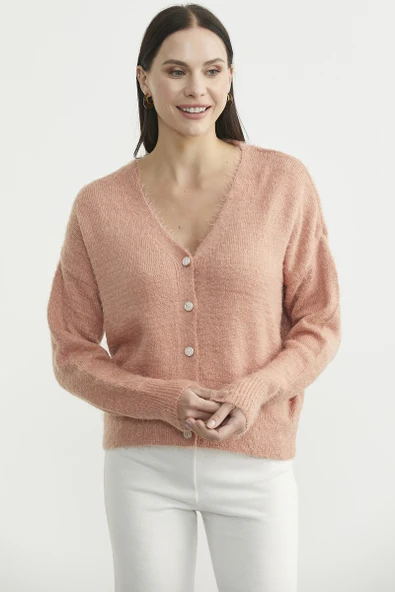 Pamuklu Yumoş Triko Hırka - Pudra - Resim 2