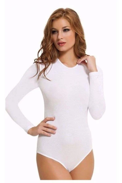 KOTA Kadın Beyaz Uzun Kollu Bisiklet Yaka Çıtçıtlı Badi ürün görseli 1