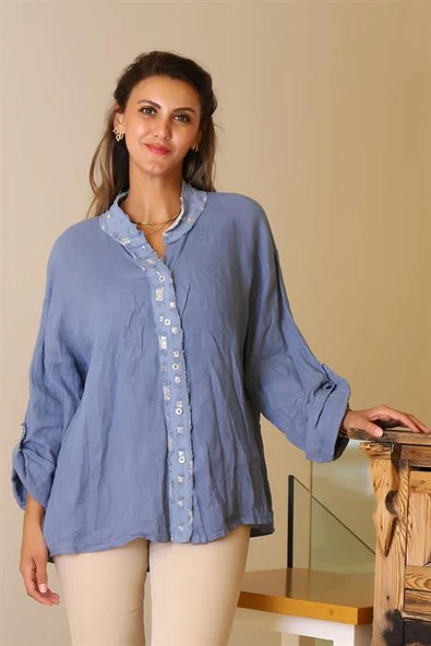 HAKİM YAKA PUL İŞLEMELİ İNDİGO KADIN CEKET   82217-2Y5 - Resim 2