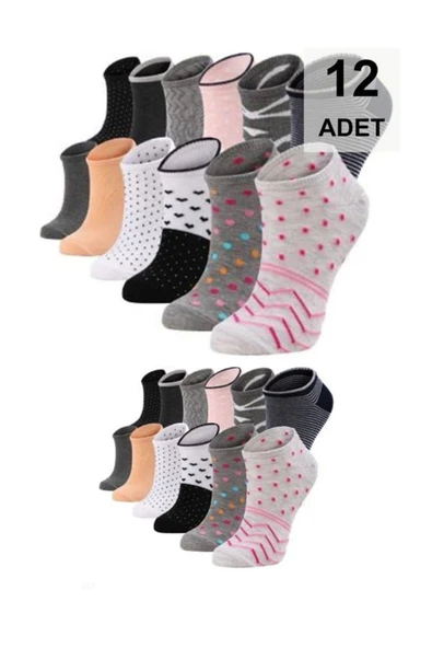 12 Adet Desenli Kadın Patik Çorap - Karışık Renk