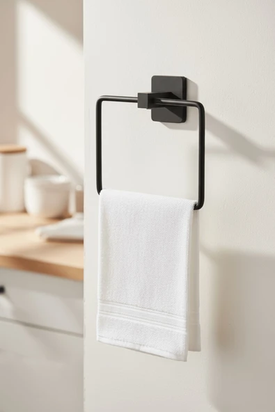 Siyah Kare Havluluk – Kare Topuzlu, (Yapıştır/Vidala) Montajlı Dayanıklı Metal Havlu Askısı - (S-130) - KTS - Resim 2