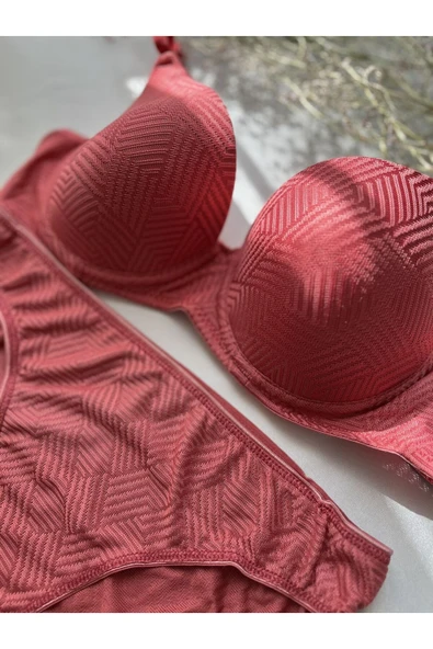 KARAZ Baklava Desenli Balenli Dolgusuz Sütyen Takımı -  Kiremit-80-B - Resim 3