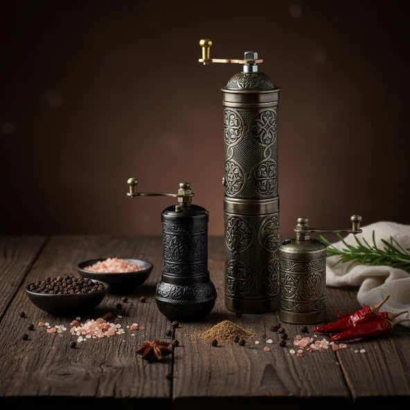 LUDIA Zamak Metal Kalay Renk 3 lü Set Karabiber,Kahve,Çörek Otu El Değirmeni Öğütücü Grinder S2 - 4