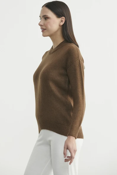 Oversize Önü Verev Triko Kazak - Kahve - Resim 4