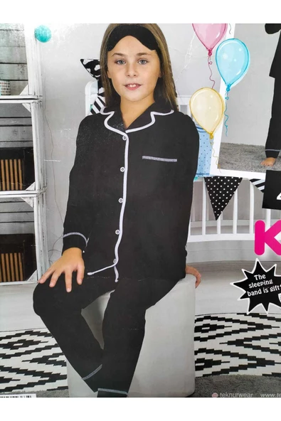 TEKNUR Önü Boydan Düğmeli Sanforize Edilmiş Çekmez Çocuk Pijama Takımı kız / erkek Çocuk - Resim 3