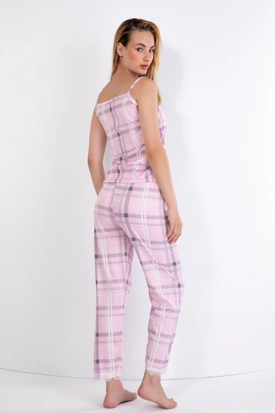 IŞILAY HOMEWEAR PEMBE EKOSE DESEN DANTEL DEKORLU PEGASUS İP ASKILI PİJAMA TAKIMI - Resim 3