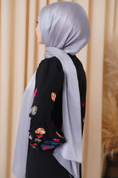 Octopus Abiye Janjan Parlak Saten Dokulu Tesettür Abiye Şifon Gümüş Gri Şal - Resim 3