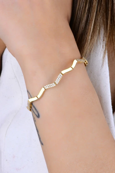 Gümüş altın yaldızlı zirkon taşlı dalgalı ajda modeli bileklik SGTL12896GOLD - Resim 3