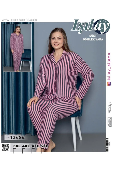 Işılay KADIN BATTAL BOY BOYDAN DÜĞMELİ ÇİZGİLİ SÜET PİJAMA TAKIMI-PEMBE ürün görseli 1