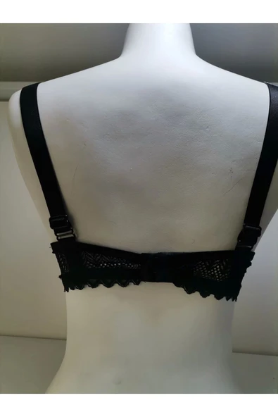 ECEM YILDIZ KOLU DANTEL DETAYLI OMUZ TAŞLI İÇİ BOŞ SÜTYEN-SİYAH - Resim 2