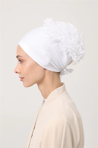 Emproyal Beyaz Topuz Dantelli Bone Sosyete - Resim 2