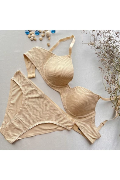 KARAZ Baklava Desenli Balenli Dolgusuz Sütyen Takımı -  Ten-90-B - Resim 4