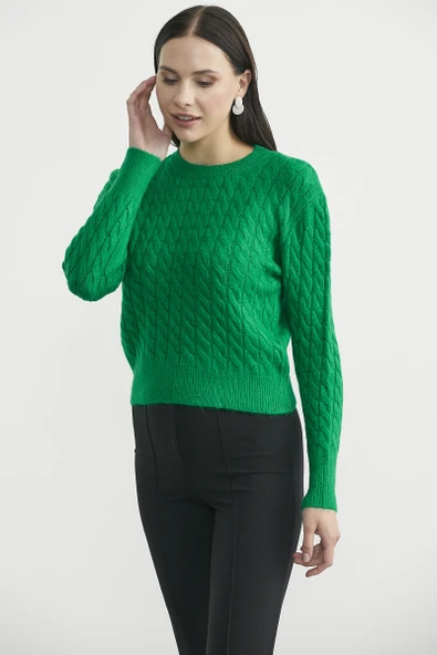 Yumoş Saç Örgü Motifli Triko Kazak - Benetton Yeşil - Resim 3