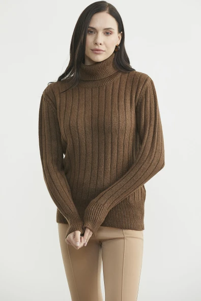 Tam Balıkçı Kalın Fitilli Triko Kazak - Kahve - Resim 2