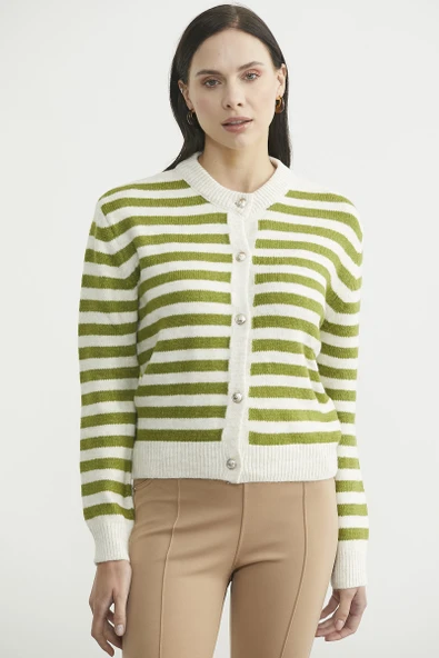 Çizgili Metal Düğmeli Triko Hırka - Zeytin Yeşil - Resim 2