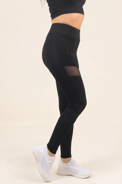 Women update Yüksek Bel, Çapraz Çift Tüllü, Toparlayıcı Siyah Tayt - Resim 3