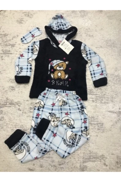 Tarık Kapüşonlu Kız Çocuk Polar Welsoft Pijama Takımı Göz Bandı Ile Birlikte Bear ürün görseli 1