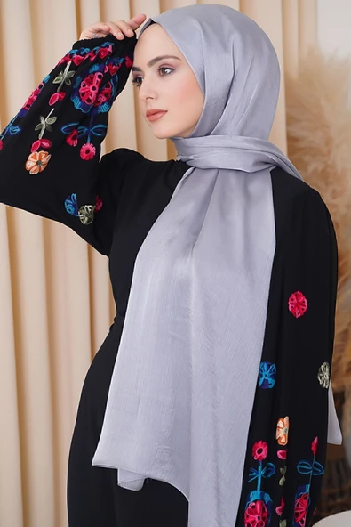 Octopus Abiye Janjan Parlak Saten Dokulu Tesettür Abiye Şifon Gümüş Gri Şal ürün görseli 1