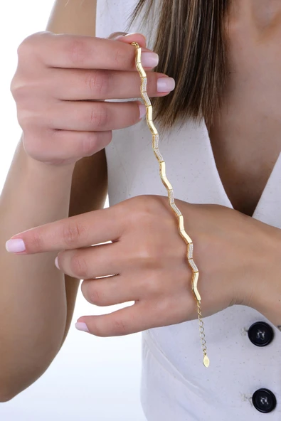 Gümüş altın yaldızlı zirkon taşlı dalgalı ajda modeli bileklik SGTL12896GOLD ürün görseli
