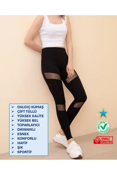 Güneş Çift Tüllü Yüksek Bel Toparlayıcı Dalgıç Kumaş Kadın Tayt (Yüksek Kalite,Uygun Fiyat,Şık,Lux) ürün görseli 1