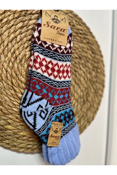 SARA DONNA GELENEKSEL DESENLİ YÜN SOKET ÇORAP - ÇEYİZ İÇİN HOMEWEAR YÜN ÖRGÜ EV ÇORABI - Resim 3