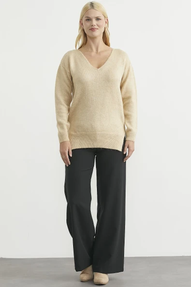 Yumuşak Dokulu V Yaka Triko Kazak - Karamel - Resim 3