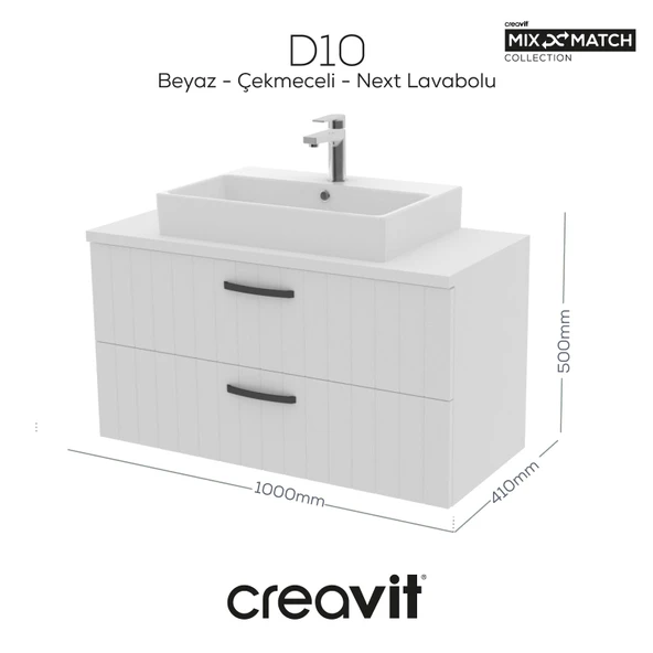 D10 Next Lavabo Dolabı İki Çekmeceli 100 cm Beyaz Gövde Lake Kapak ürün görseli 1