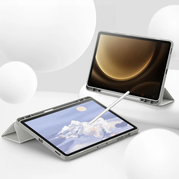 Samsung Galaxy Tab S9 Plus X810 12.4 İnç Kılıf Premium Silikon Kalem Bölmeli Smart Case  Gri - Resim 5