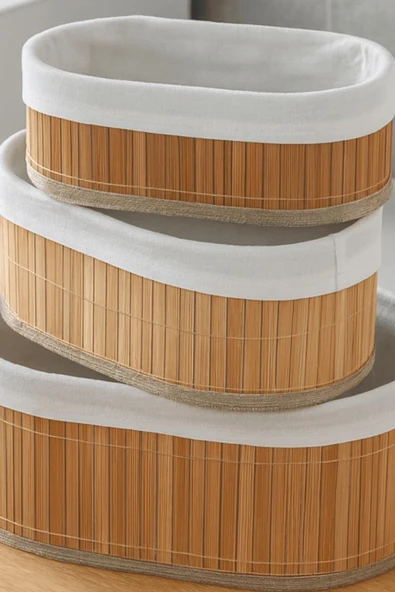 3 lü Bambu Sepet Seti - Doğal Katlanabilir,Dekoratif Organizer - Banyo Ve Ev Düzeni - 4