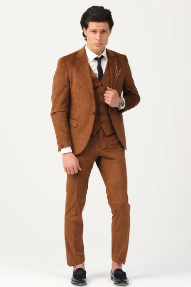 Plus Scorpion Taba Fitilli Kadife Erkek Takım Elbise – 3 Parça Yelekli, Şık ve Modern Slim Fit Kesim - Resim 7