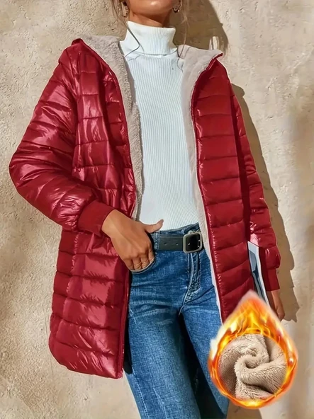 MDB Kadın Uzun Kollu Kapşonlu Cep Detaylı Fermuarlı Orta Boy Mont