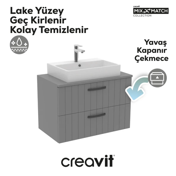 D10 Next Lavabo Dolabı İki Çekmeceli 80 cm Gri Lake Kapak - Resim 5