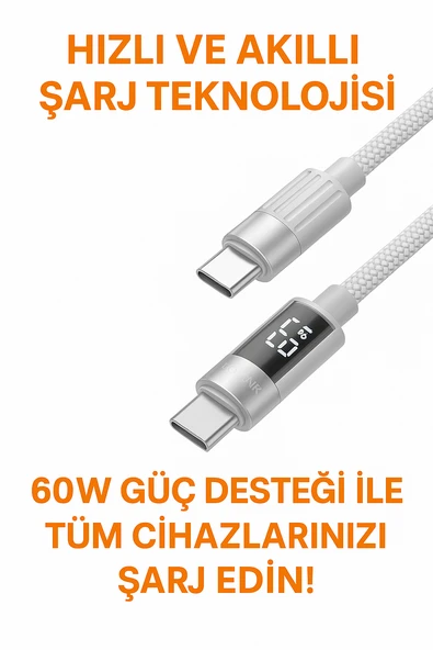 60W USB-C to USB-C Şarj ve Data Kablosu  LED Ekranlı, Hızlı Şarj, 1.2m - 3