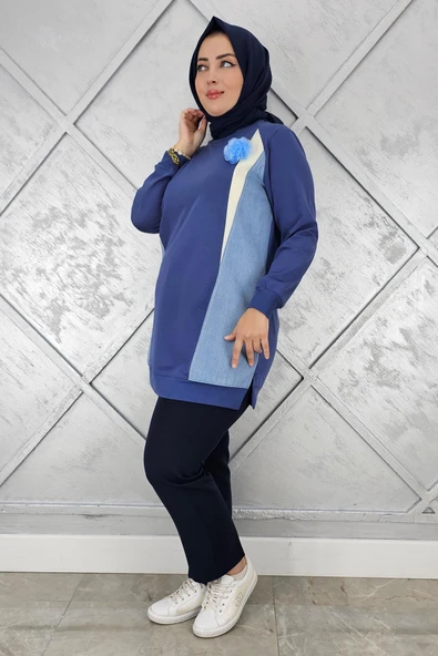 KADIN KOMBİNLİ TÜL ÇİÇEK DETAYLI TESETTÜR TUNİK - Resim 4