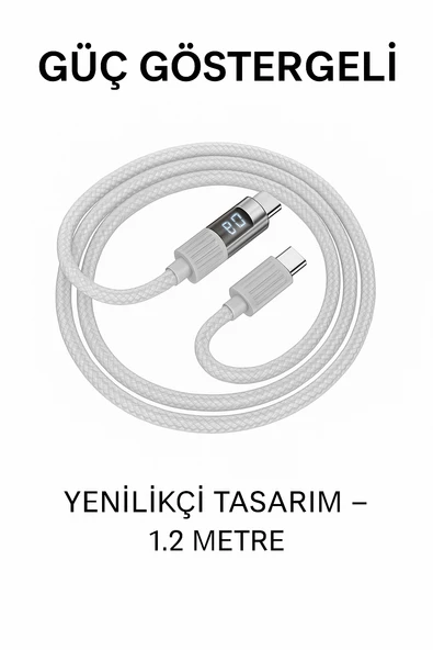 60W USB-C to USB-C Şarj ve Data Kablosu  LED Ekranlı, Hızlı Şarj, 1.2m - 5