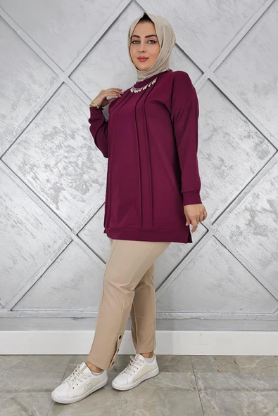 KADIN NERVÜR DİKİM İNCİ KOLYE DETAYLI TESETTÜR TUNİK - 2