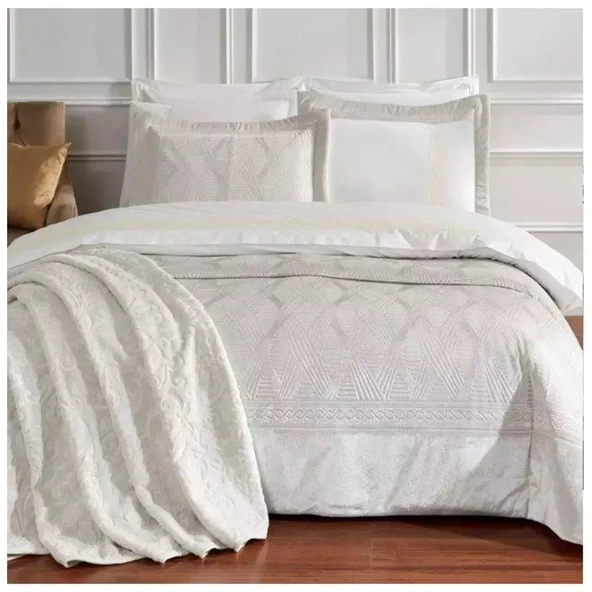 Özdilek 11 Parça Çeyiz Seti (Battaniye+Nevresim Takımı+Yatak Örtüsü)-Velours Krem