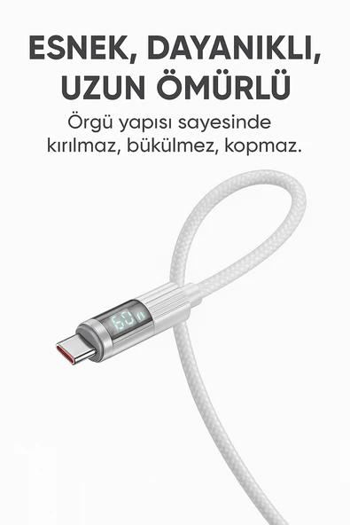 60W USB-C to USB-C Şarj ve Data Kablosu  LED Ekranlı, Hızlı Şarj, 1.2m - 2