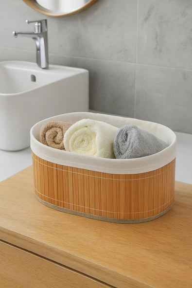 3 lü Bambu Sepet Seti - Doğal Katlanabilir,Dekoratif Organizer - Banyo Ve Ev Düzeni - 3