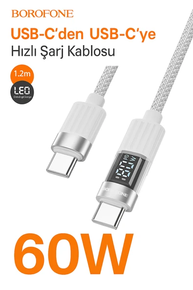 60W USB-C to USB-C Şarj ve Data Kablosu  LED Ekranlı, Hızlı Şarj, 1.2m