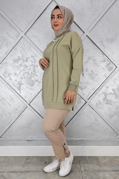 KADIN NERVÜR DİKİM İNCİ KOLYE DETAYLI TESETTÜR TUNİK - 4