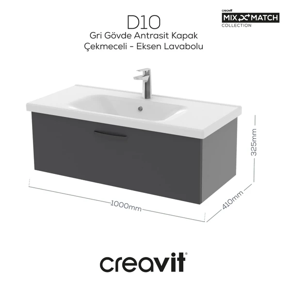 D10 Eksen Lavabo Dolabı Çekmeceli 100 cm Gri Gövde Antrasit Kapak ürün görseli