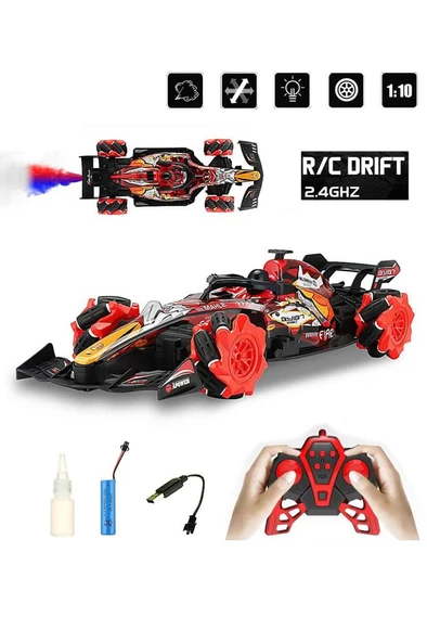 Sesli Işıklı Şarjlı 1:10 Büyük Ölçek Kumandalı Duman Atan Full Fonksiyon F1 Araç RC Oyuncak Araba ürün görseli