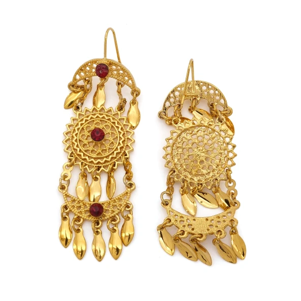 Altın Kaplama Çelik Hint Model Kırmızı Taşlı Küpe UNK-825 ürün görseli