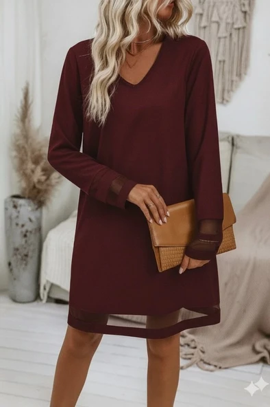 MDB Kadın Uzun Kollu V Yakalı Tül şerit Detaylı Mini Krep Elbise ürün görseli 1