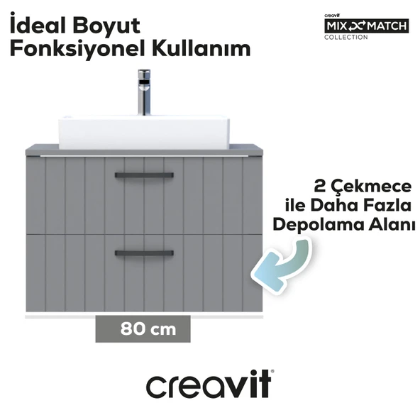 D10 Next Lavabo Dolabı İki Çekmeceli 80 cm Gri Lake Kapak - Resim 3