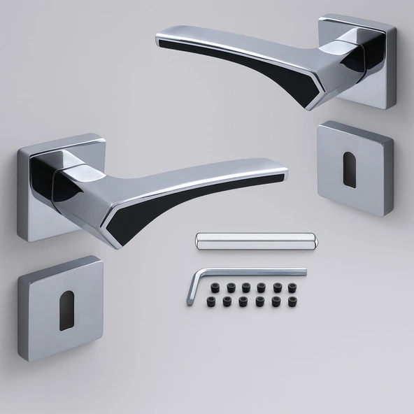 Rozetli Oda Kapı Kolu Sağa ve Sola Uygun Kare Siyah Krom Saten 1 Takım ürün görseli